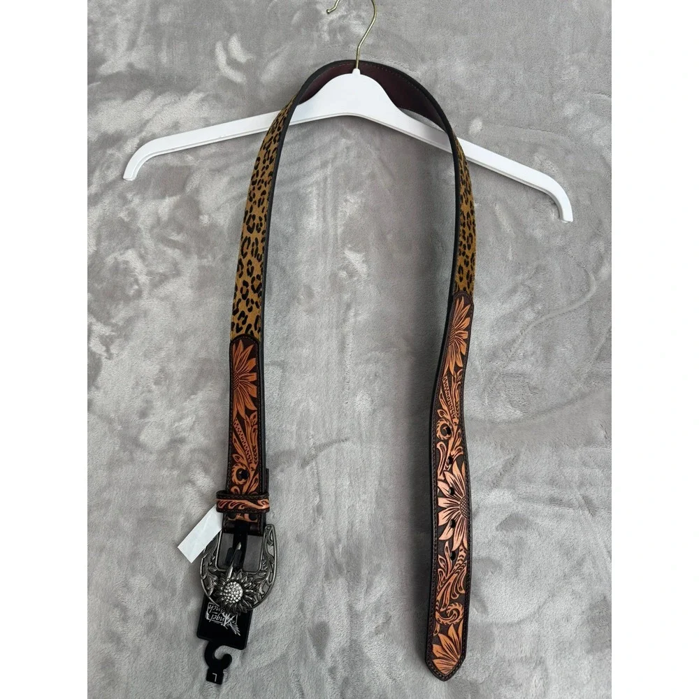 Angel Ranch‎ Western Belt Sunflower Crystal Buckle Leopard Print Leather Size L